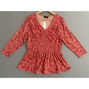Lane Bryant‎ Women 14/16 Blouse Mesh Top Babydoll Smocked Red Ditzy Floral Fairy